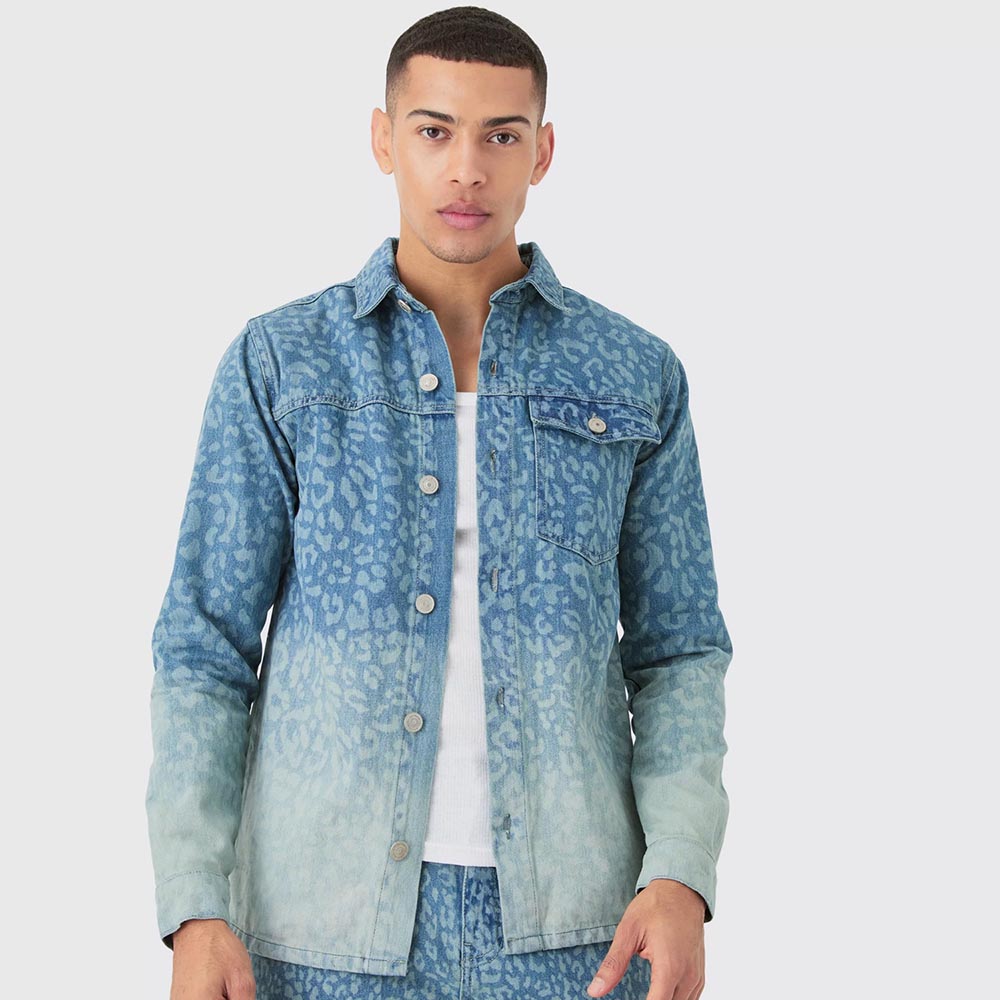 Leopard Print Denim Overshirt in Light Blue