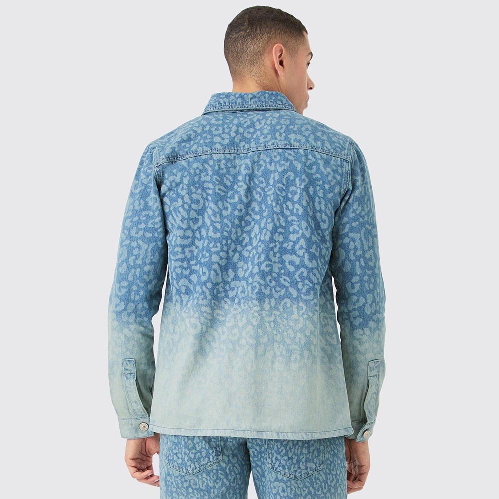 Leopard Print Denim Overshirt in Light Blue